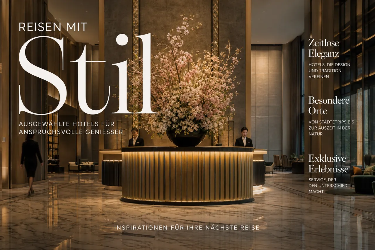Four Seasons Hotel Lobby mit goldenem Licht und elegantem Empfangsbereich