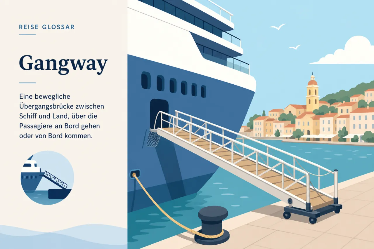 Illustration: Kreuzfahrtschiff mit angedockter Übergangsbrücke an mediterranem Hafen, Hafenpoller mit Tau, Küstenstadt mit Kirchturm im Hintergrund.