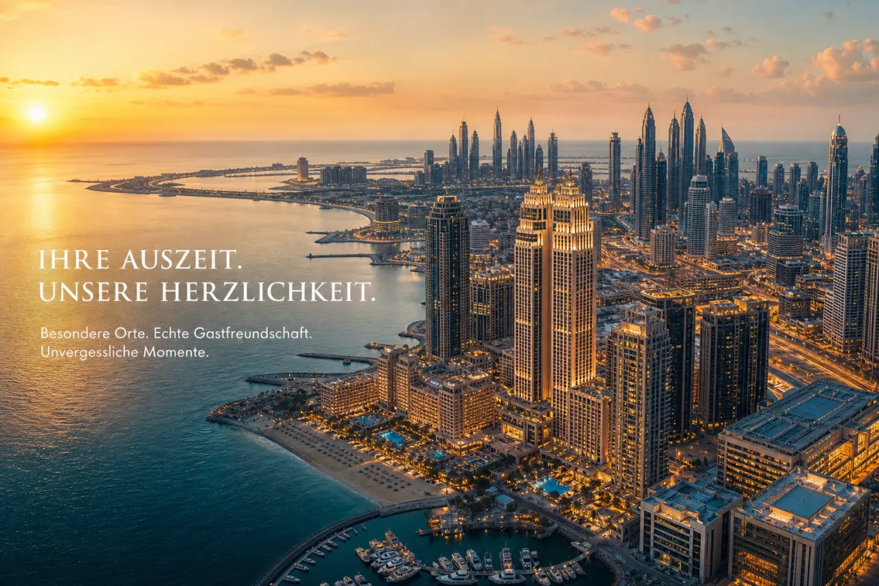 Hochhäuser und Hotelgebäude in Dubai bei Sonnenuntergang, Golf von Arabien im Hintergrund