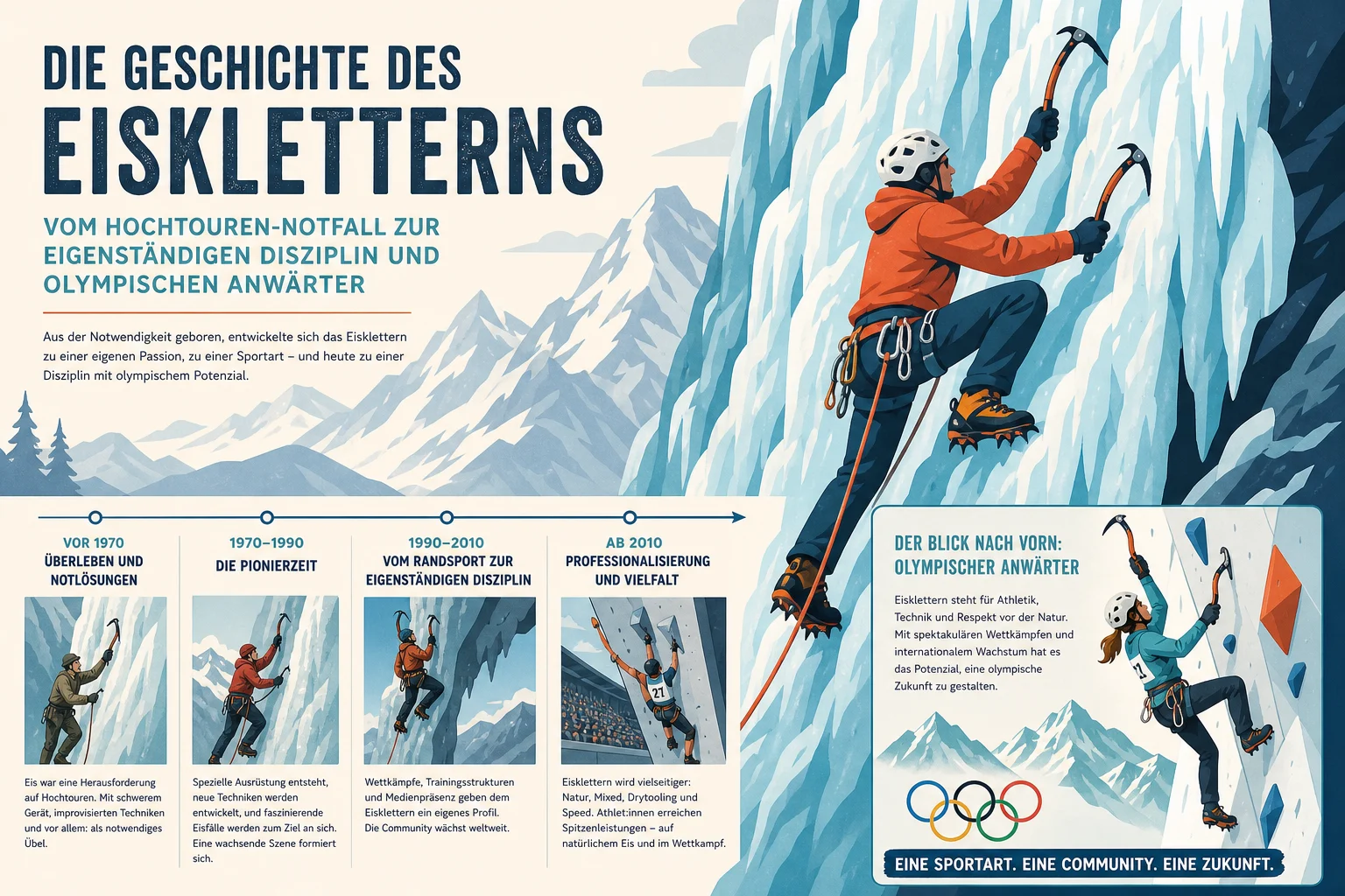 Geschichte des Eiskletterns: Vom Hochtouren-Notfall zur eigenstaendigen Disziplin und olympischen Anwaerter