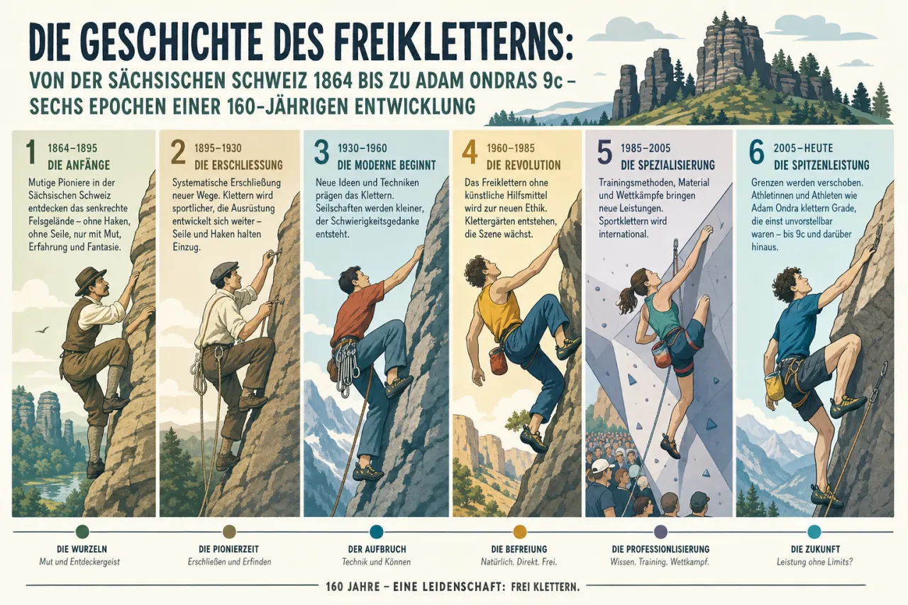 Die Geschichte des Freikletterns: Von der Sächsischen Schweiz 1864 bis zu Adam Ondras 9c — sechs Epochen einer 160-jährigen Entwicklung