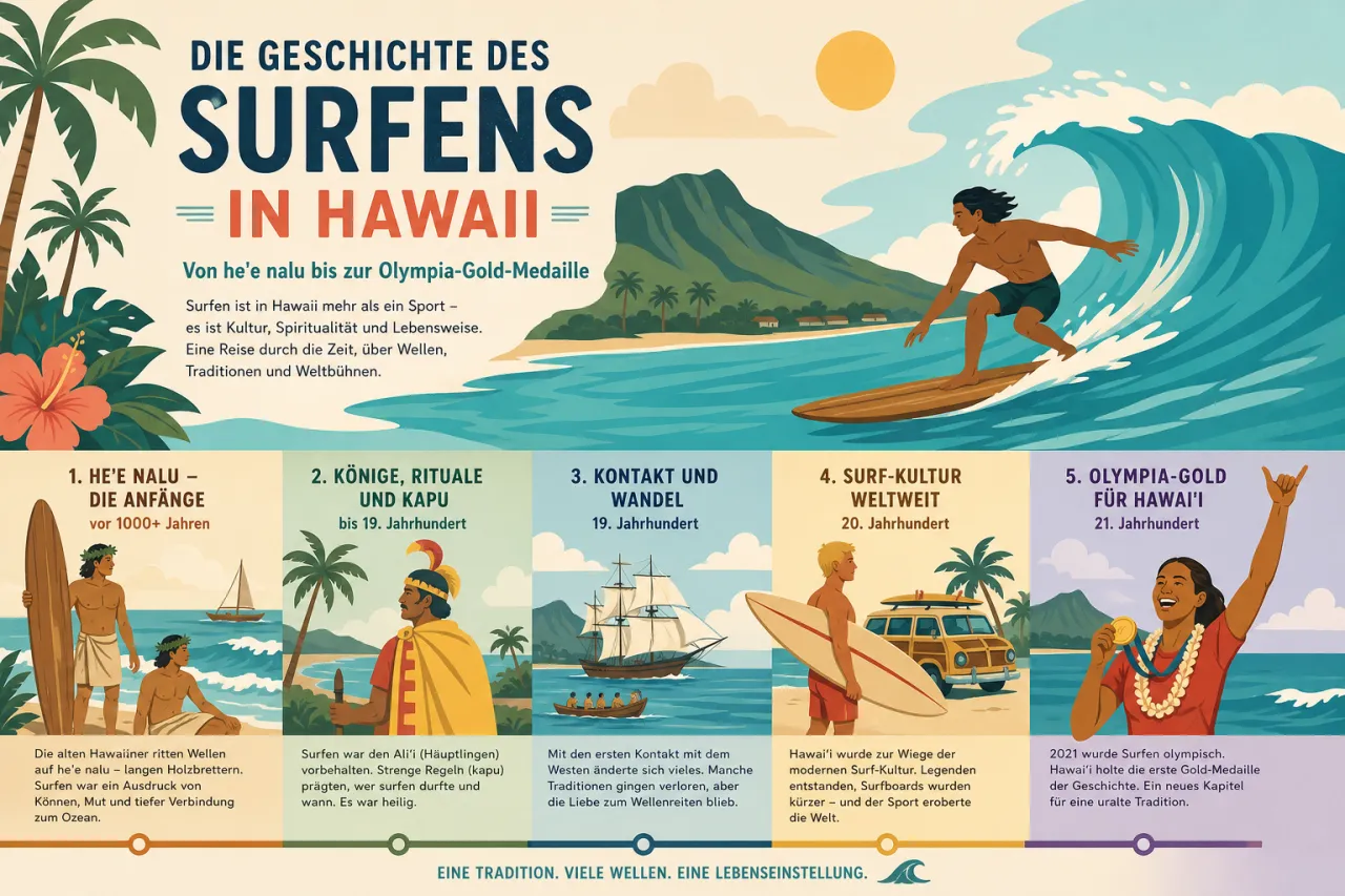 Die Geschichte des Surfens in Hawaii: Von he'e nalu bis zur Olympia-Gold-Medaille