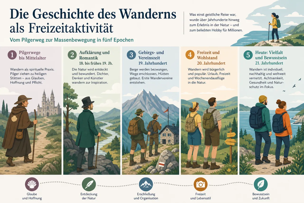 Geschichte des Wanderns als Freizeitaktivitaet: Vom Pilgerweg zur Massenbewegung in fuenf Epochen