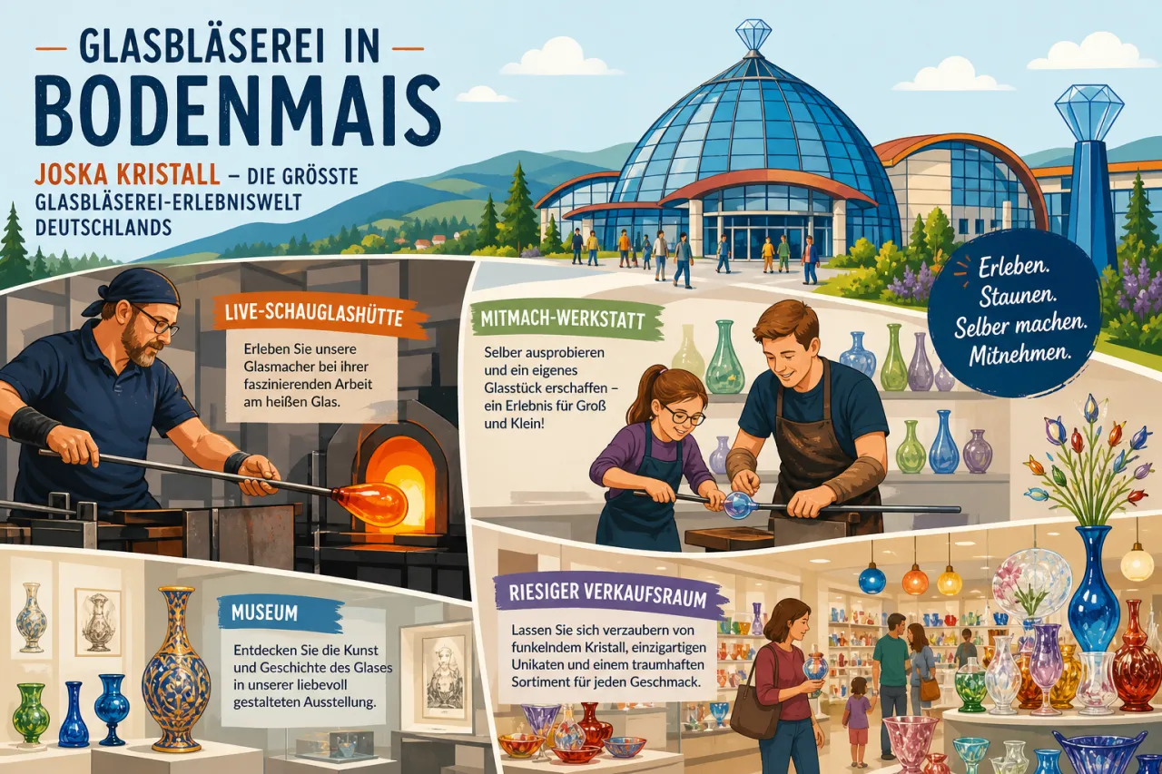 Glasbläserei in Bodenmais — JOSKA Kristall als größte Glasbläserei-Erlebniswelt Deutschlands mit Live-Schauglashütte, Mitmach-Werkstatt, Museum und riesigem Verkaufsraum