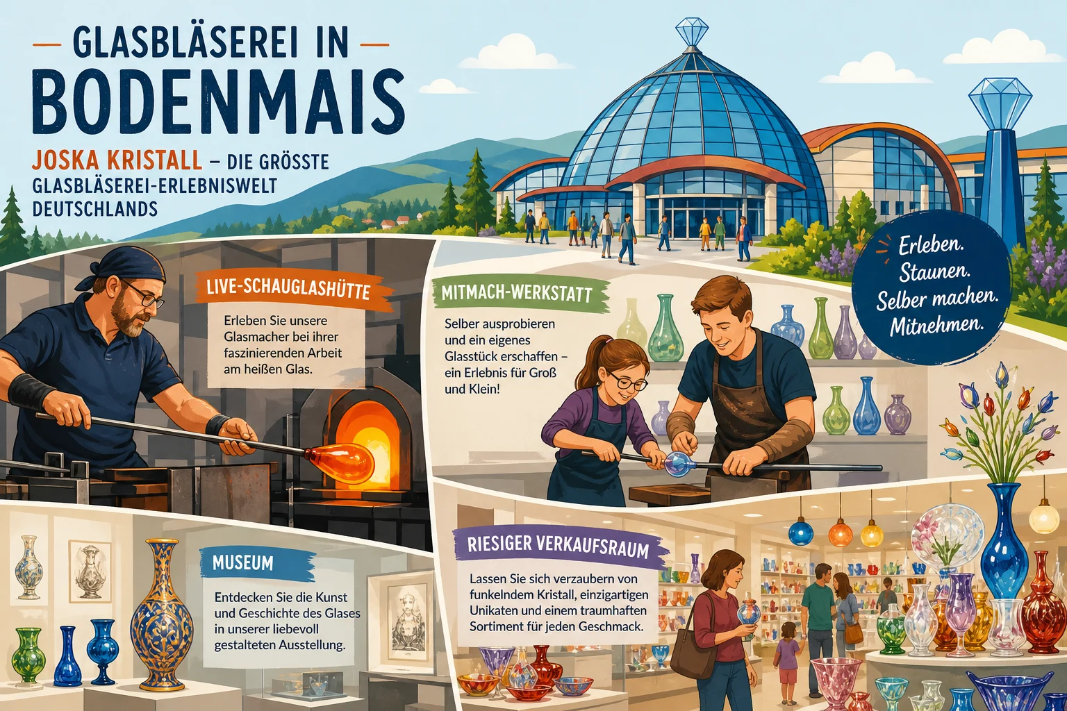Glasbläserei in Bodenmais — JOSKA Kristall als größte Glasbläserei-Erlebniswelt Deutschlands mit Live-Schauglashütte, Mitmach-Werkstatt, Museum und riesigem Verkaufsraum
