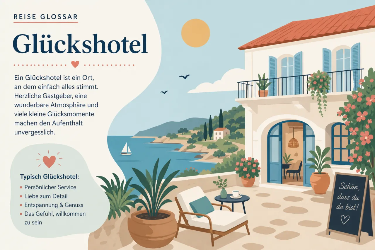 Illustration: Mediterranes Hotelgebäude mit Terrasse, Blick auf Küstenlandschaft mit Meer und Segelboot, Liegestuhl und Pflanzen im Vordergrund.