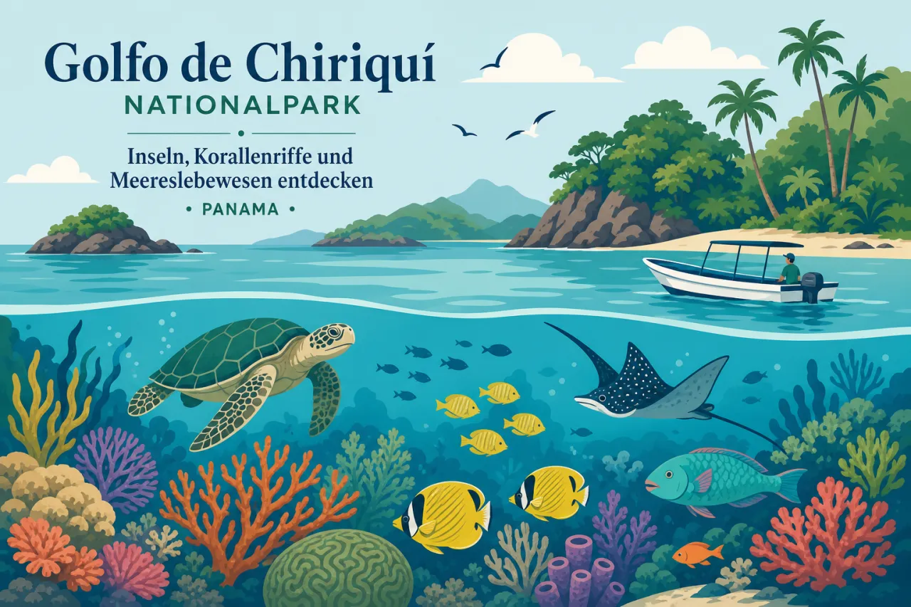Illustration: Tropische Insellandschaft mit Fischerboot, Meeresschildkröte, Mantarochen und farbigen Korallenriffen unter Wasser
