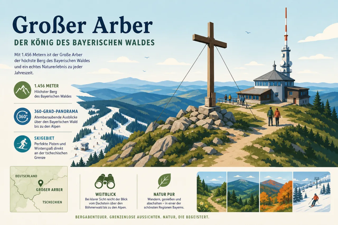 Großer Arber — höchster Berg des Bayerischen Waldes mit 1.456 Metern, 360-Grad-Panorama und Skigebiet an der tschechischen Grenze