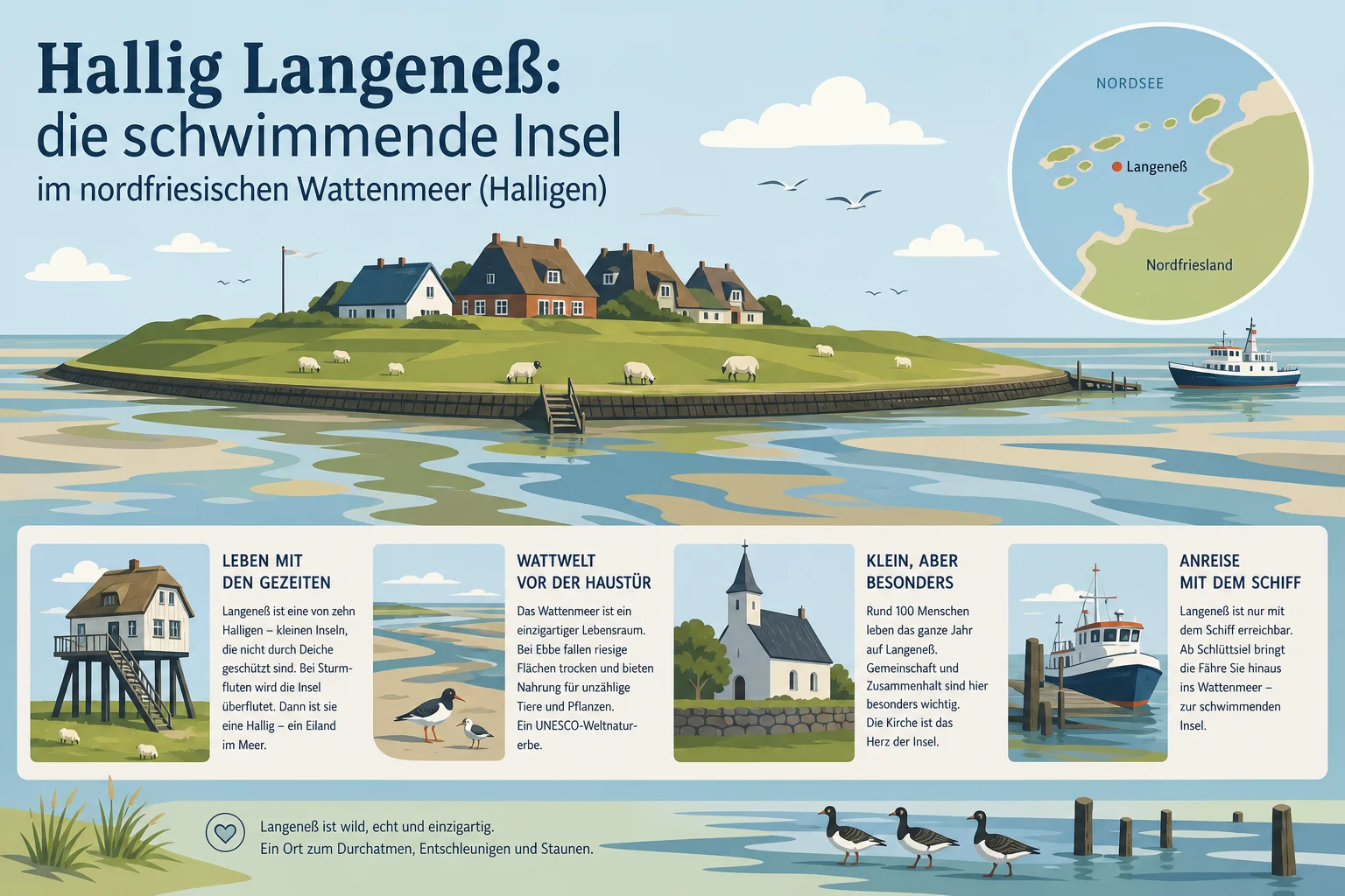 Hallig Langeneß: die schwimmende Insel im nordfriesischen Wattenmeer