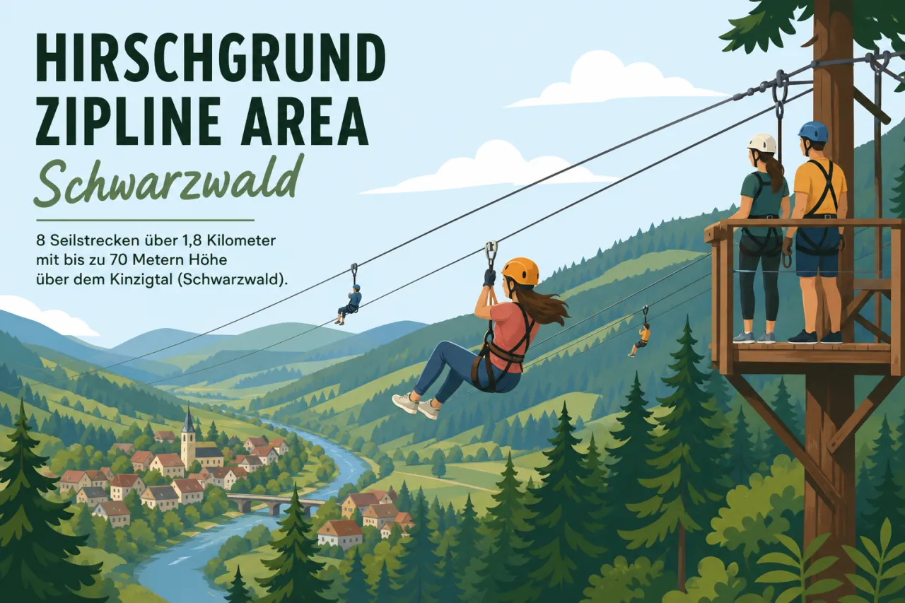 Hirschgrund Zipline Area Schwarzwald: 8 Seilstrecken über 1,8 Kilometer mit bis zu 70 Metern Höhe über dem Kinzigtal