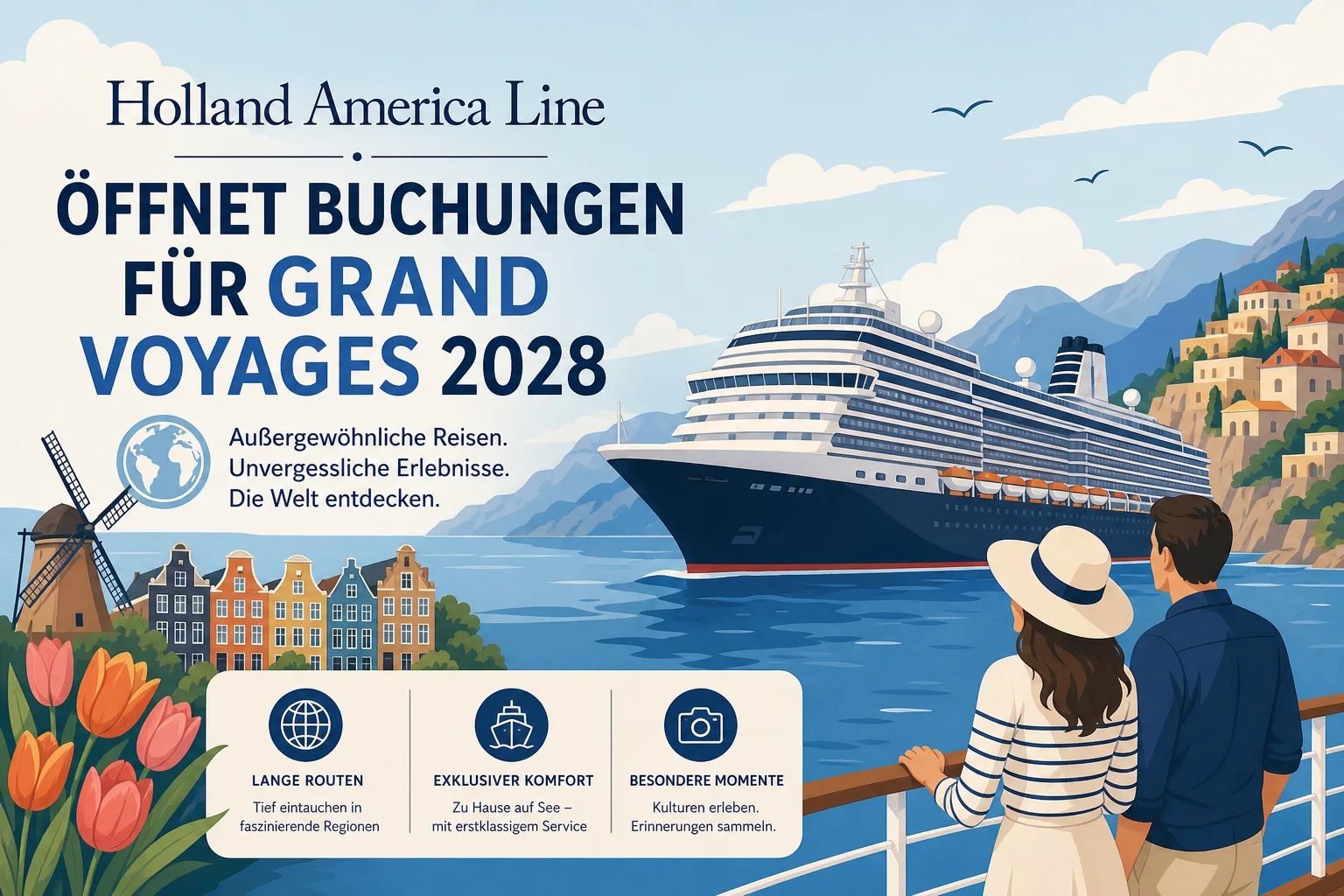 Holland America Line öffnet Buchungen für Grand Voyages 2028