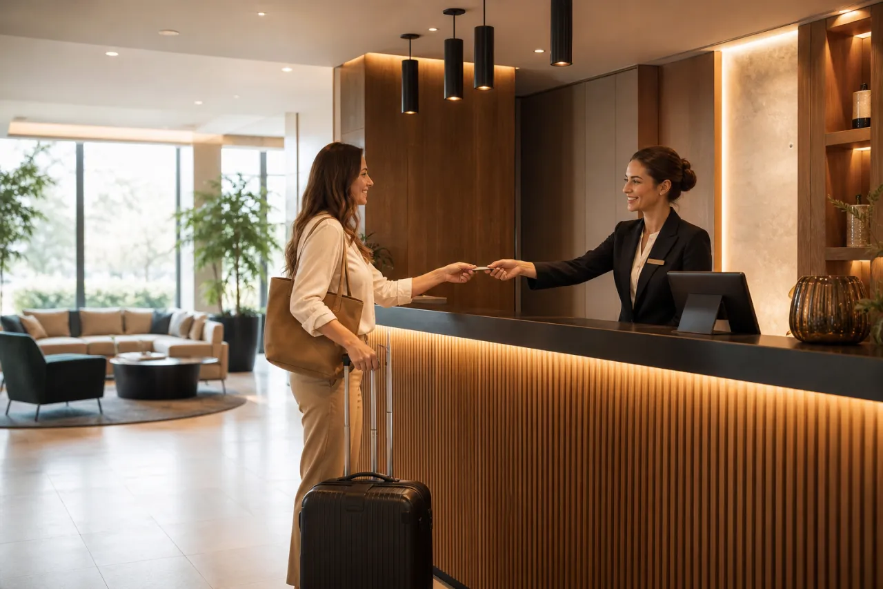 Hotelrezeption mit Check-in-Schalter und digitalem Terminal im Hintergrund