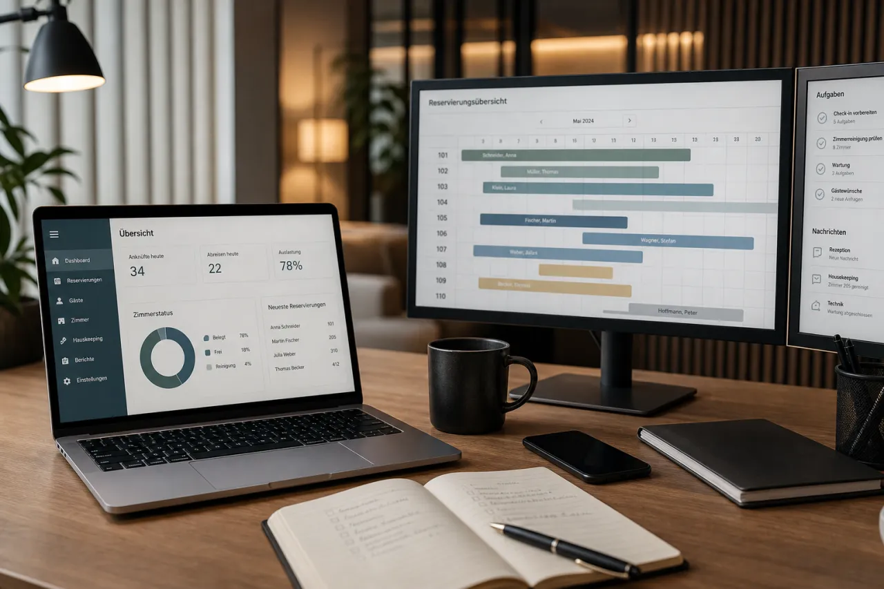 Hoteltechnik und Laptop auf Schreibtisch im Büroalltag eines Plattformteams