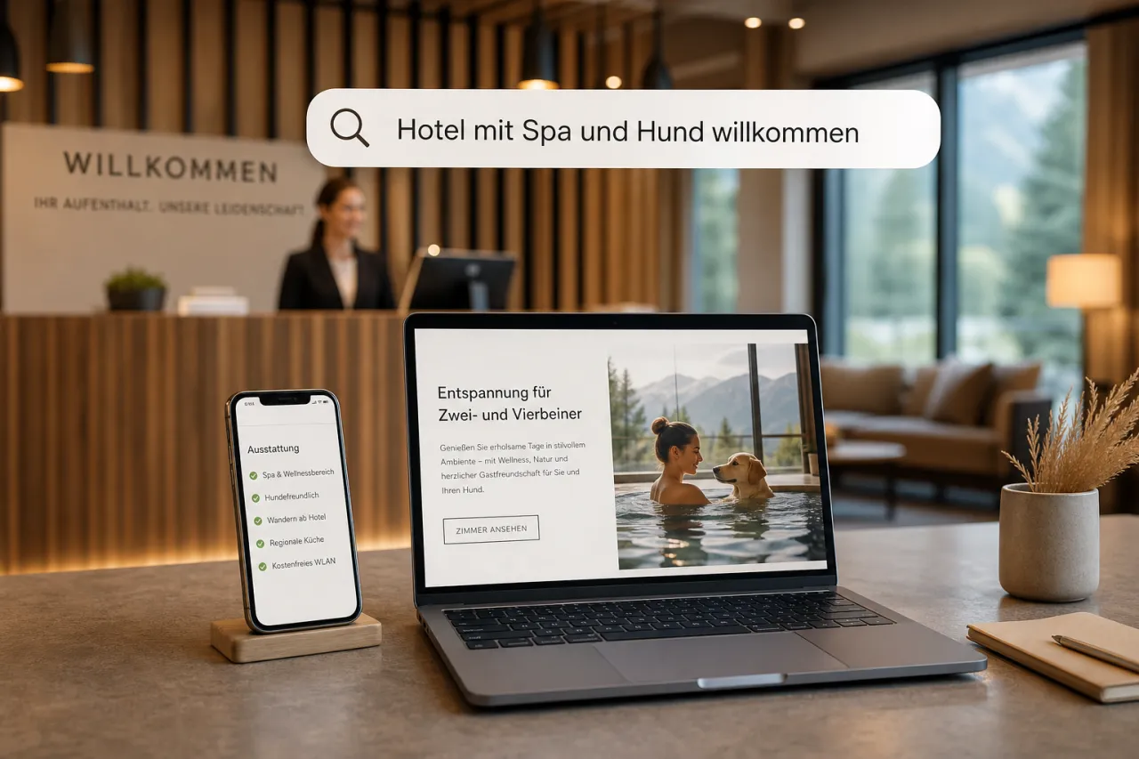 Hotelrezeption mit digitalem Suchdisplay und Laptop für KI-gestützte Hotelsuche