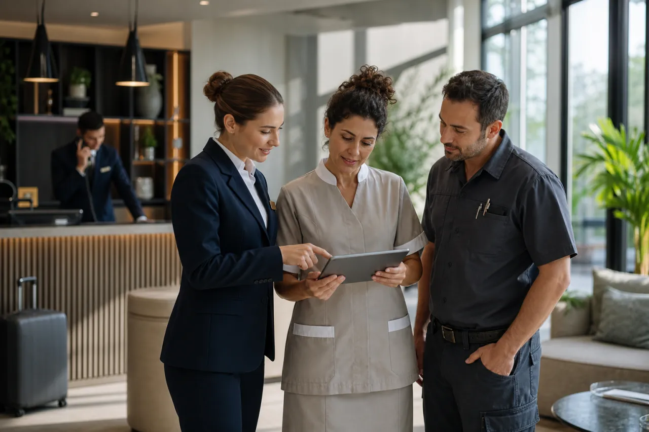 Hotelteam an Rezeption und Housekeeping mit Tablet zur Aufgabensteuerung
