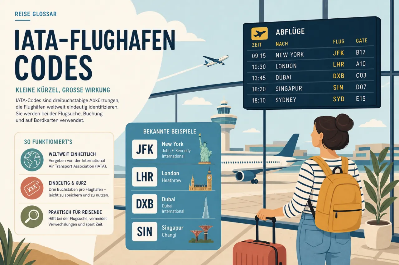 Frau mit gelbem Rucksack und rotem Koffer schaut auf Abflugstafel im Flughafen-Terminal mit IATA-Codes wie JFK, LHR, DXB und SIN sowie Infografik zu Flughafencodes.