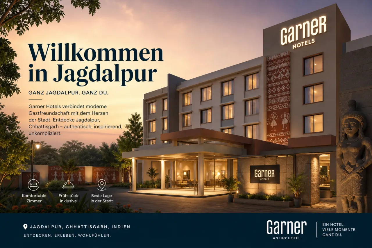 Modernes Midscale-Hotel in Indien, Außenansicht mit Eingangsbereich und tropischer Begrünung