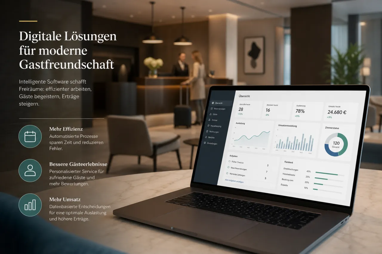 Ireckonu-Logo auf einem Laptop mit Hotel-Software im Hintergrund