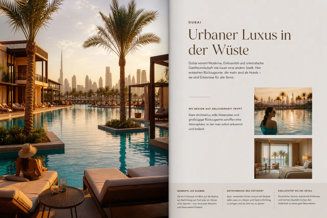 Poolanlage eines JA Resorts in Dubai mit Palmen und modernem Hotelgebäude im Hintergrund