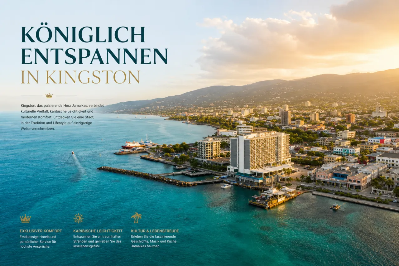 Blick auf Kingstons Skyline mit dem blauen Karibischen Meer im Hintergrund
