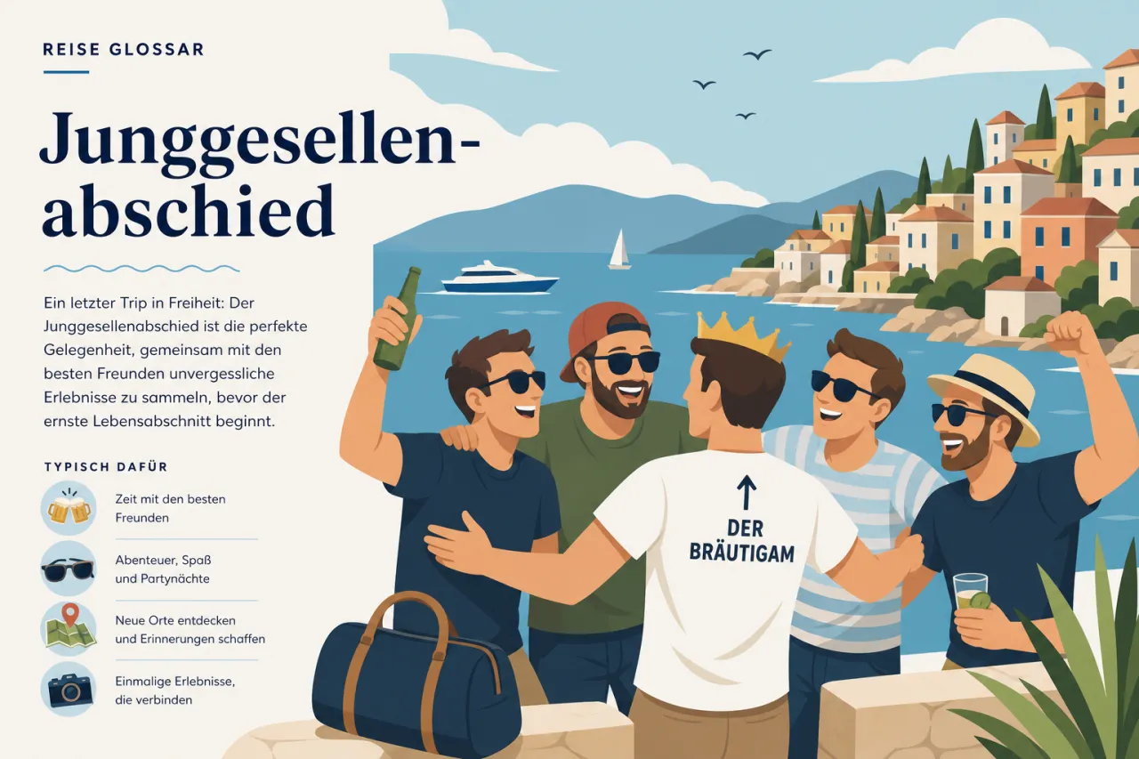 Illustration: Fünf Männer feiern an mediterraner Küste, einer trägt Krone und T-Shirt mit Aufschrift "Der Bräutigam", halten Getränke und Gepäck, Segelboot und Häuser im Hintergrund.