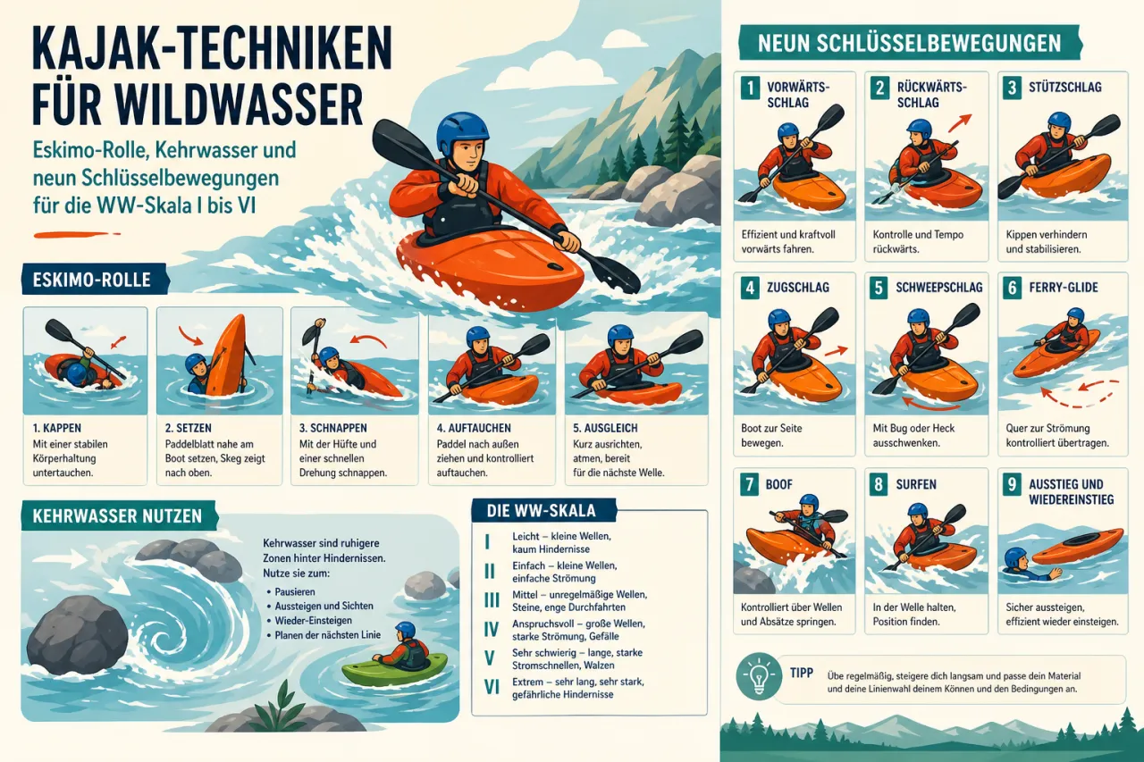 Kajak-Techniken für Wildwasser: Eskimo-Rolle, Kehrwasser und neun Schlüsselbewegungen für die WW-Skala I bis VI