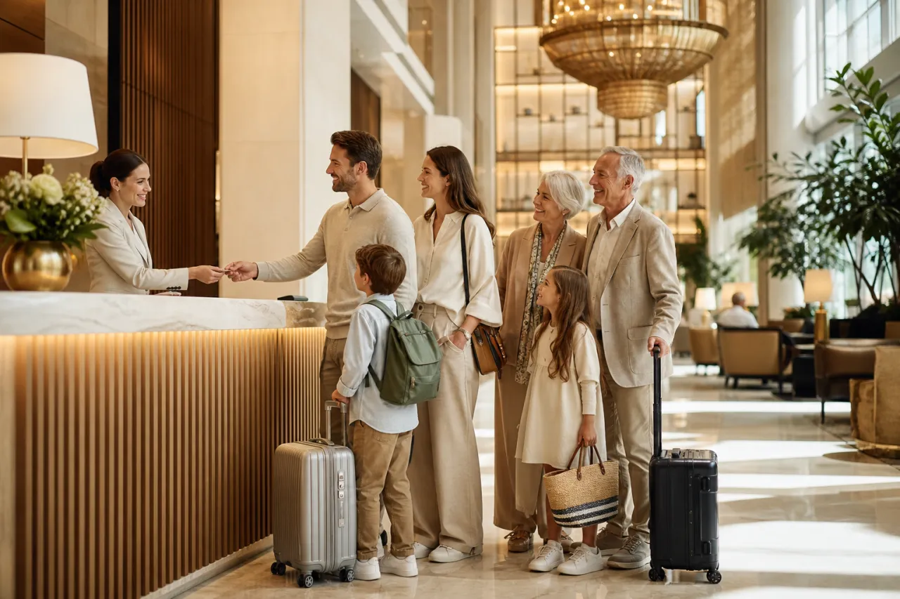 Familiengruppe in einer Hotel-Lobby mit Gepäckwagen und mehreren Generationen