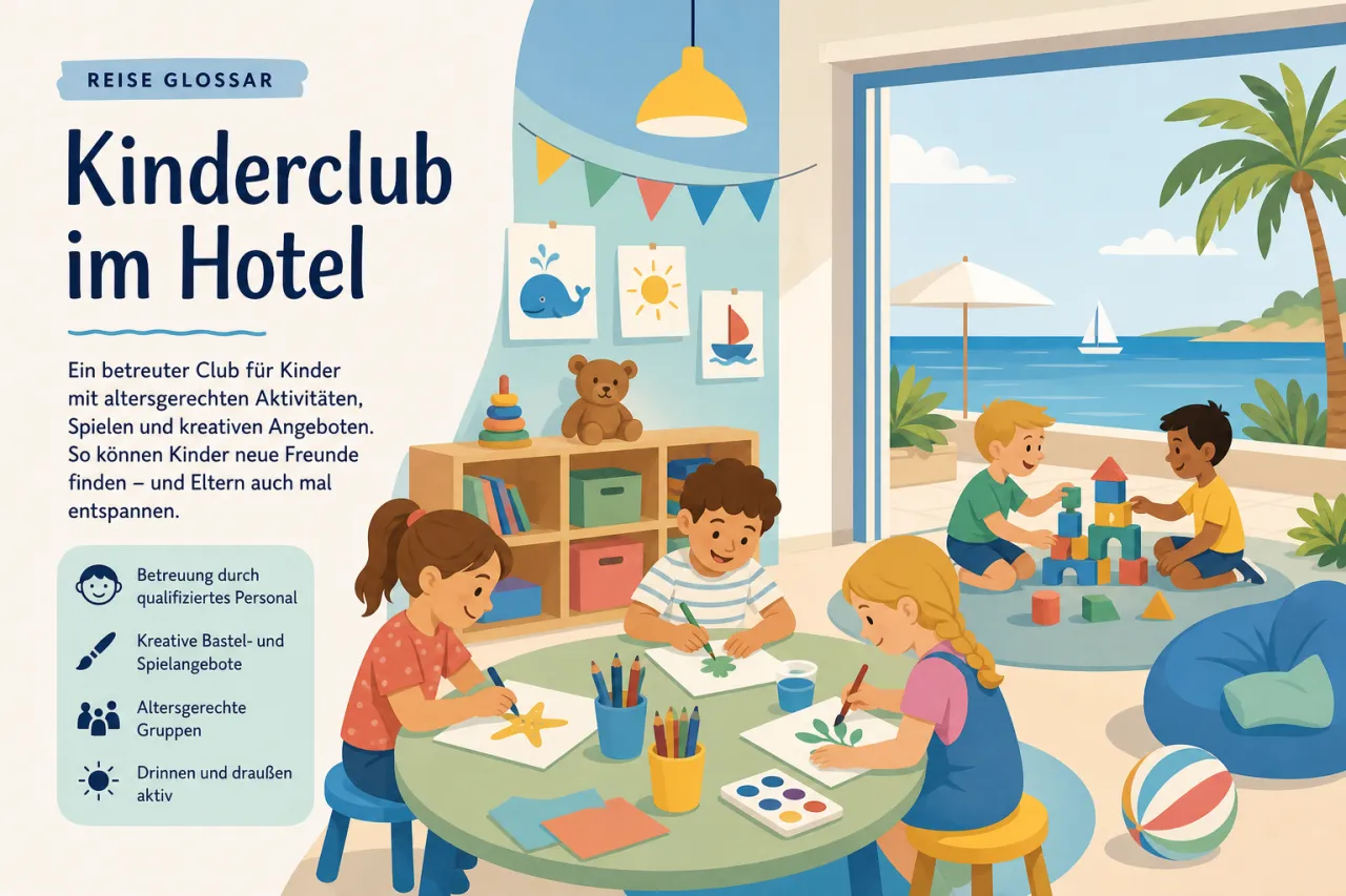 Illustration: Kinderclub-Raum mit mehreren Kindern beim Malen und Spielen mit Bausteinen, Regal mit Spielzeug, Fenster mit Meerblick, gelbe Hängeleuchte und bunte Dekoration.