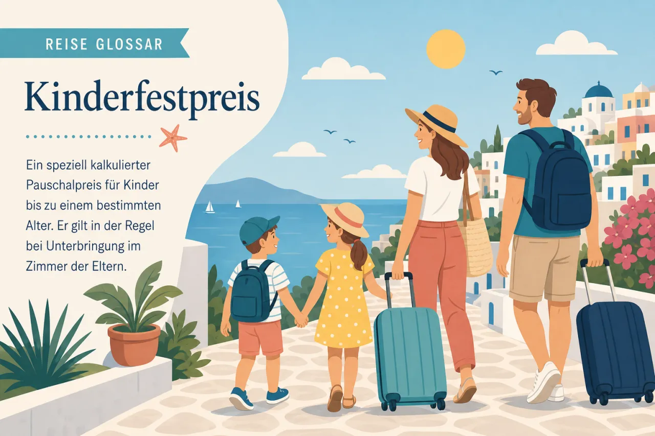 Illustration: Familie mit zwei Kindern und Reisetrolleys vor mediterraner Küstenstadt mit Meer und Segelbooten