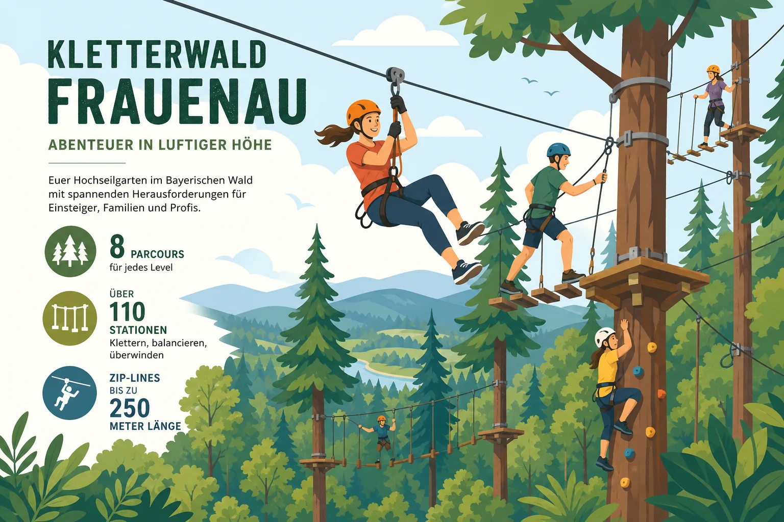 Kletterwald Frauenau: Hochseilgarten im Bayerischen Wald mit acht Parcours, über 110 Stationen und Zip-Lines bis 250 Metern Länge