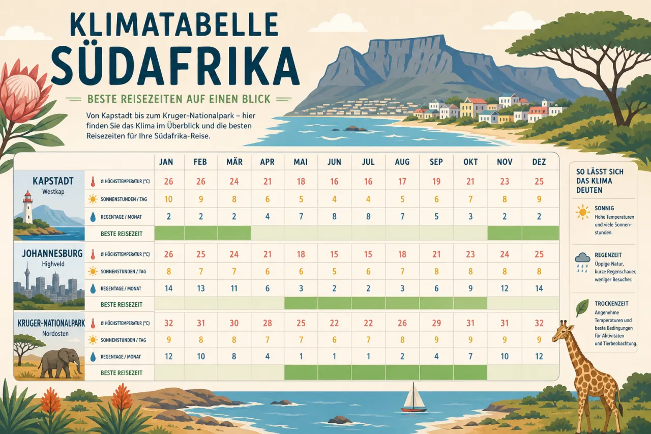 Klimatabelle Südafrika: Beste Reisezeiten auf einen Blick
