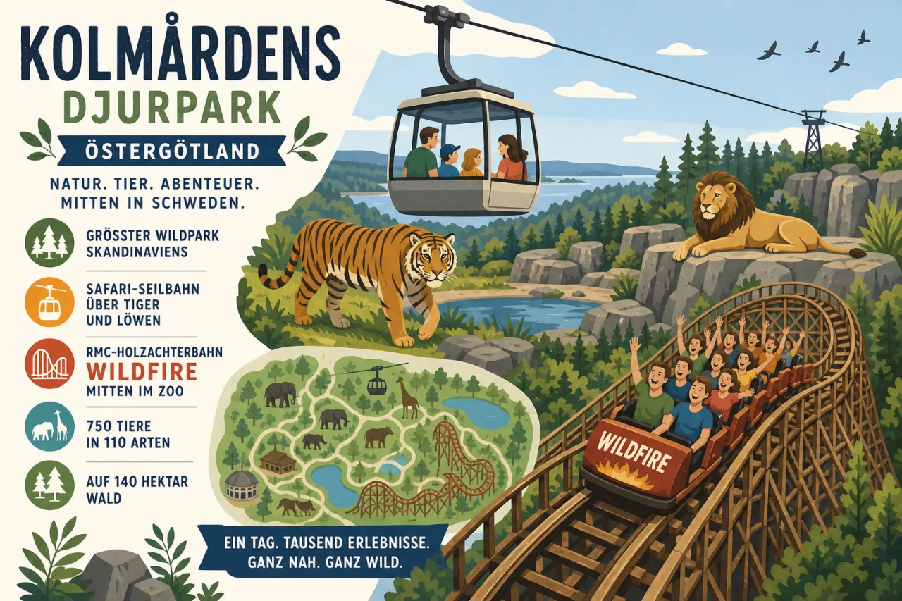 Kolmårdens djurpark in Östergötland: größter Wildpark Skandinaviens mit Safari-Seilbahn über Tiger und Löwen, RMC-Holzachterbahn Wildfire mitten im Zoo und 750 Tieren in 110 Arten auf 140 Hektar Wald