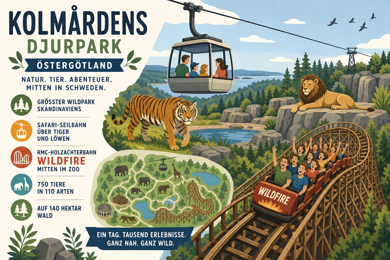Kolmårdens djurpark in Östergötland: größter Wildpark Skandinaviens mit Safari-Seilbahn über Tiger und Löwen, RMC-Holzachterbahn Wildfire mitten im Zoo und 750 Tieren in 110 Arten auf 140 Hektar Wald