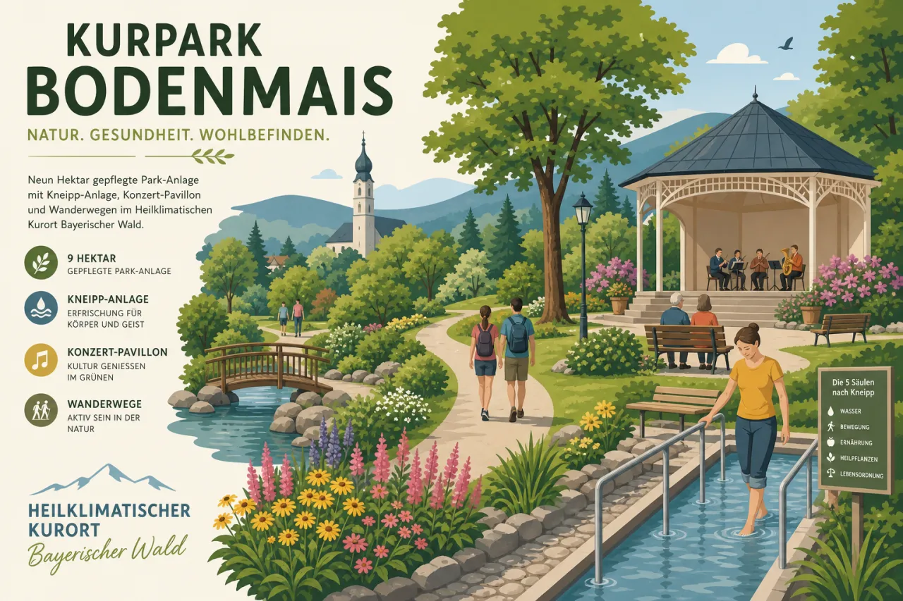 Kurpark Bodenmais — neun Hektar gepflegte Park-Anlage mit Kneipp-Anlage, Konzert-Pavillon und Wanderwegen im Heilklimatischen Kurort Bayerischer Wald