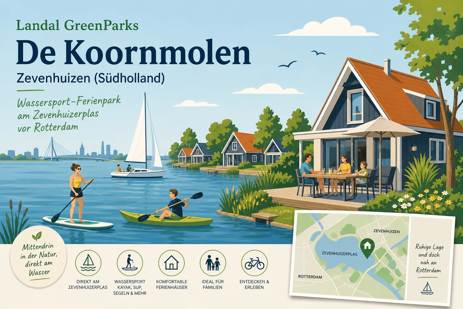 Landal GreenParks De Koornmolen in Zevenhuizen (Südholland) — Wassersport-Ferienpark am Zevenhuizerplas vor Rotterdam