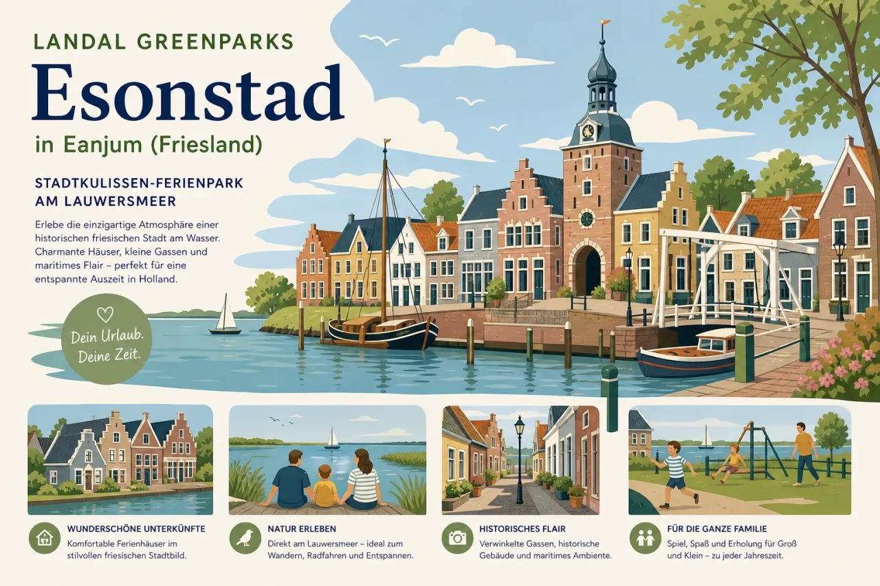 Landal GreenParks Esonstad in Eanjum (Friesland) — Stadtkulissen-Ferienpark am Lauwersmeer