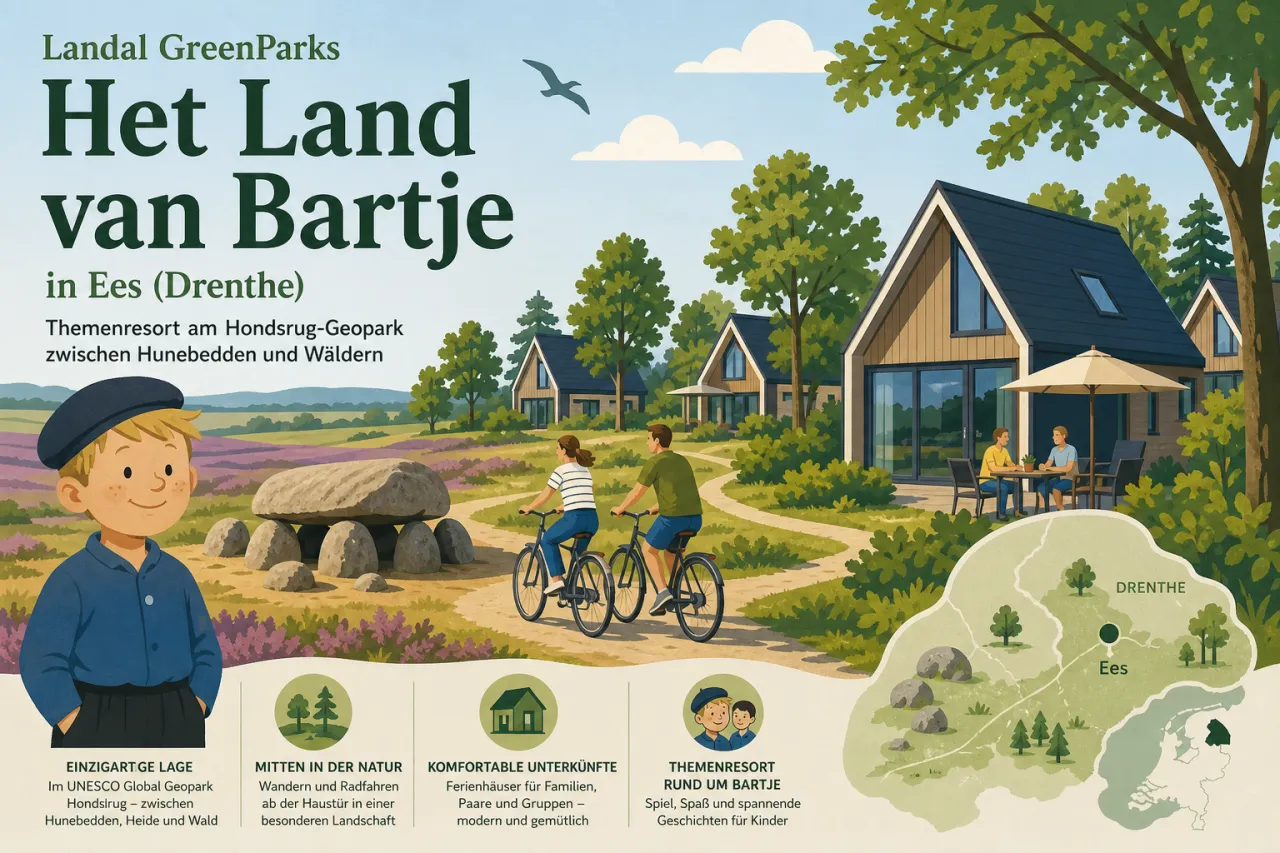 Landal GreenParks Het Land van Bartje in Ees (Drenthe) — Themenresort am Hondsrug-Geopark zwischen Hunebedden und Wäldern