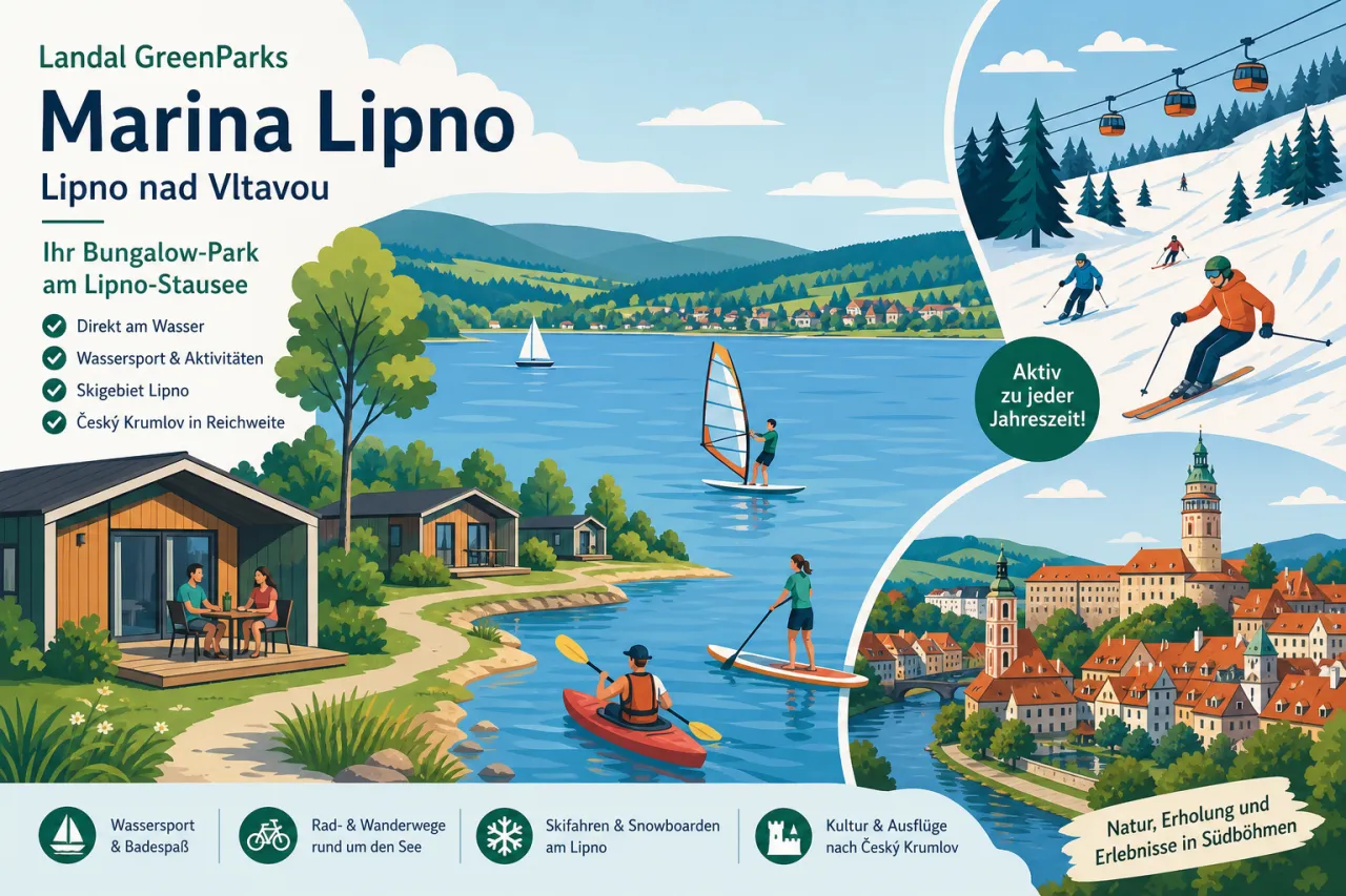 Landal GreenParks Marina Lipno in Lipno nad Vltavou am Lipno-Stausee — Bungalow-Park mit Wassersport, Skigebiet Lipno und Český Krumlov in Reichweite