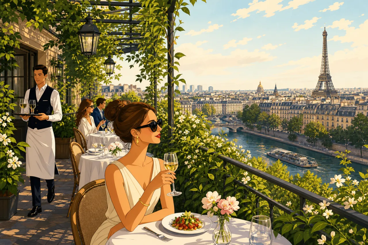 Dachterrasse Le Jardin im Cheval Blanc Paris, 7. Etage mit Blick auf die Seine, sommerliche Bepflanzung
