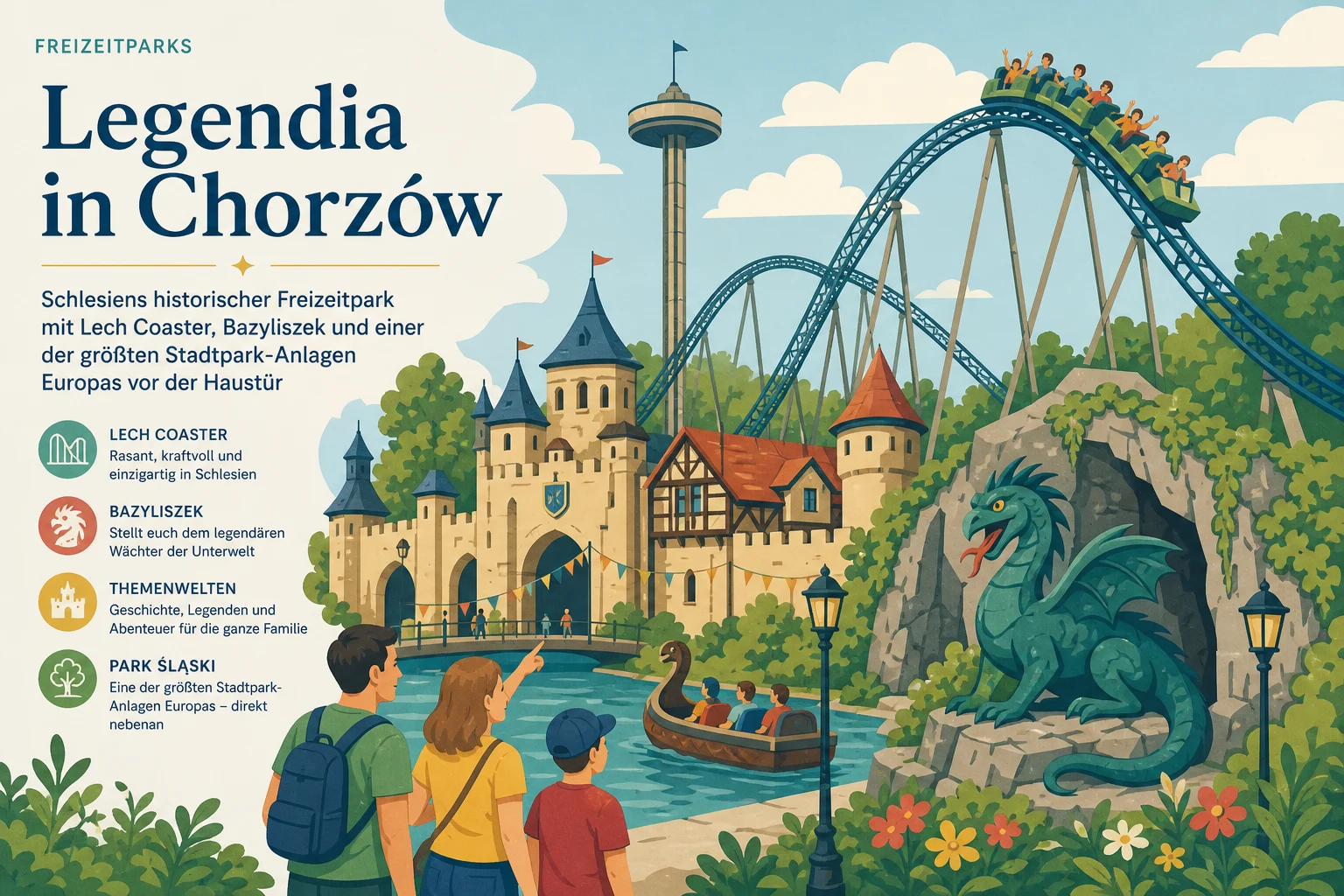 Legendia in Chorzów: Schlesiens historischer Freizeitpark mit Lech Coaster, Bazyliszek und einer der größten Stadtpark-Anlagen Europas vor der Haustür