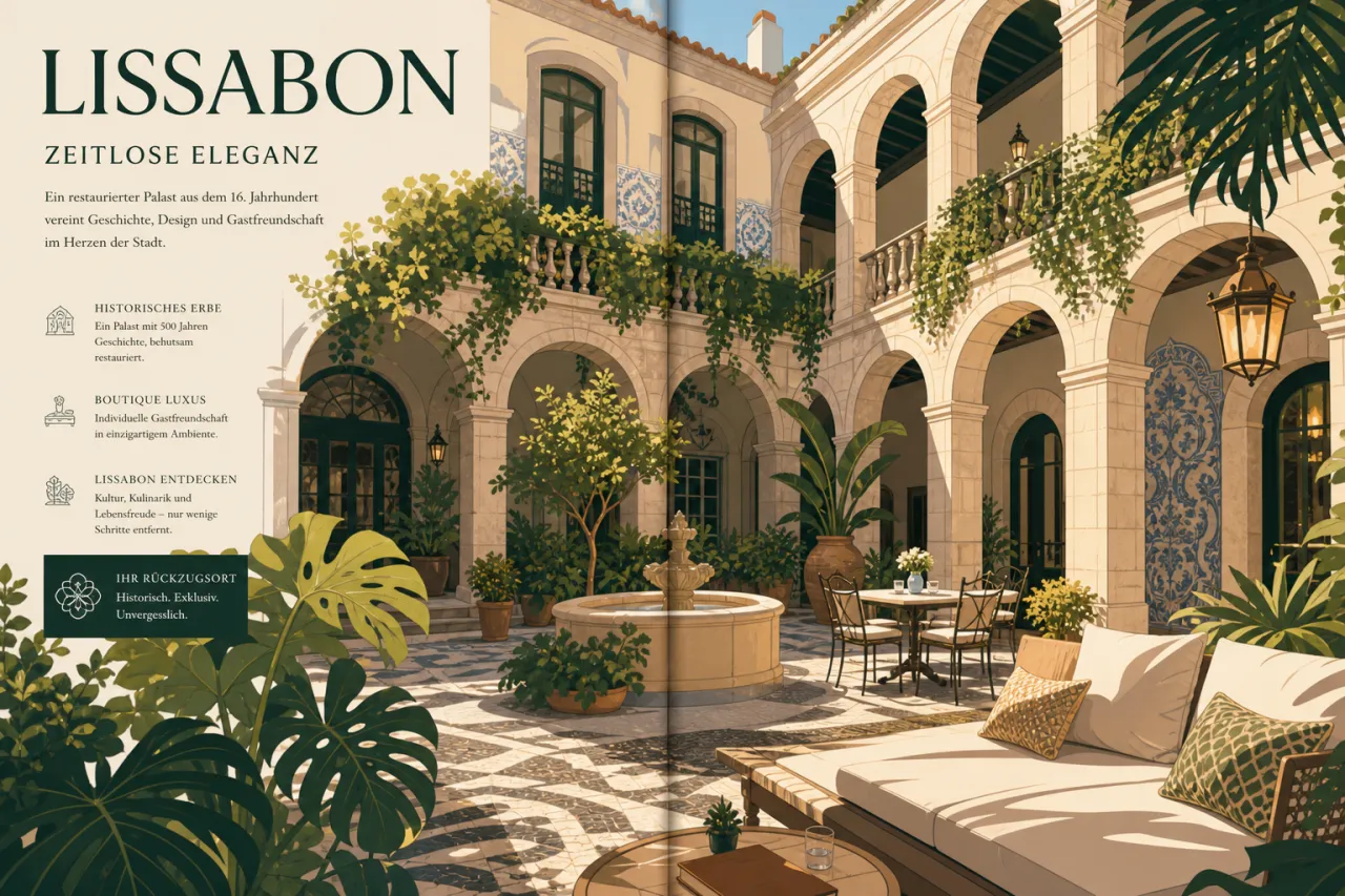 Innenhof des One Palácio da Anunciada in Lissabon, historischer Palastbau aus dem 16. Jahrhundert