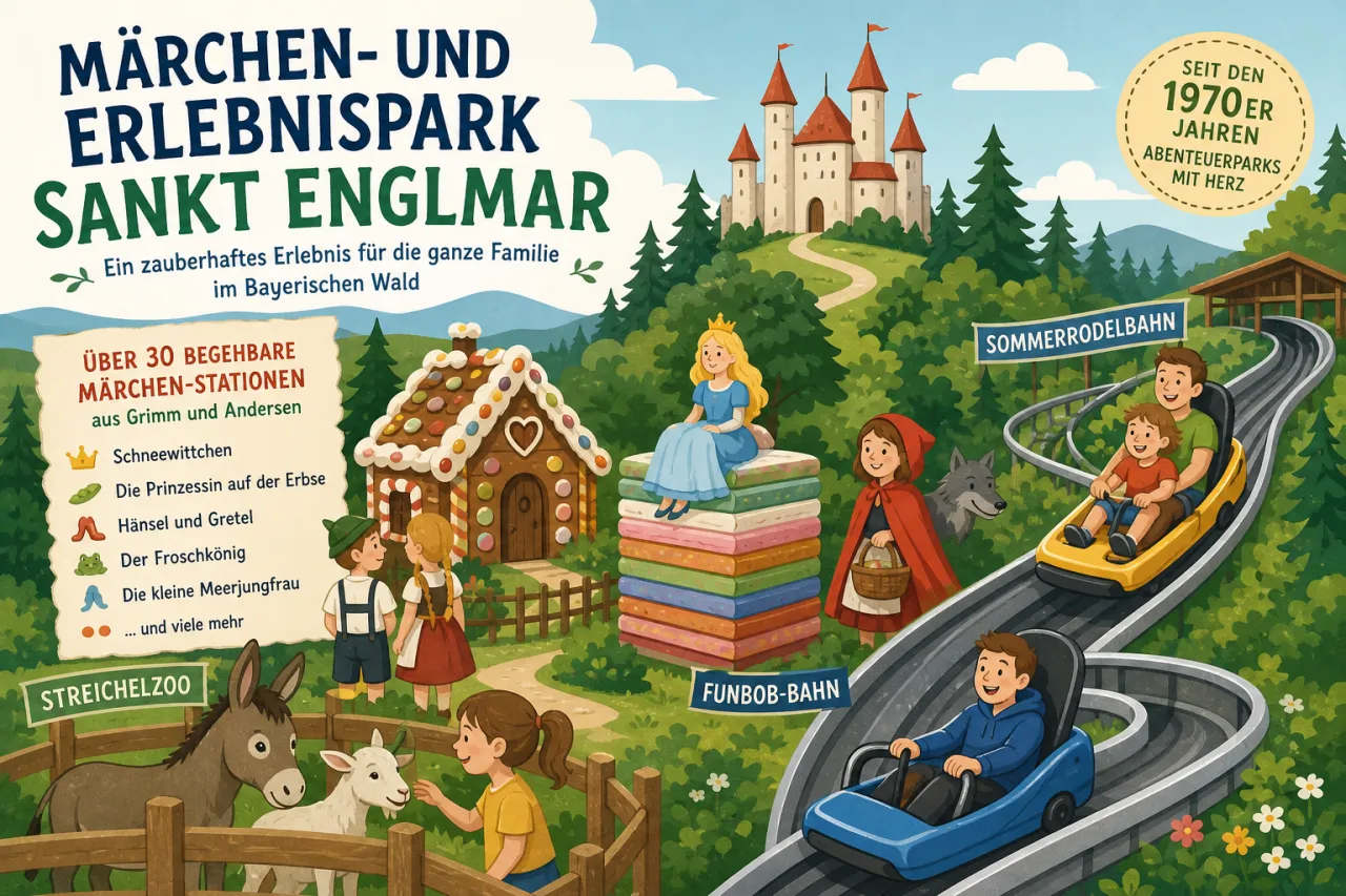 Märchen- und Erlebnispark Sankt Englmar — Kinder-Themenpark im Bayerischen Wald mit über dreißig begehbaren Märchen-Stationen aus Grimm und Andersen, Sommerrodelbahn, Funbob-Bahn und Streichelzoo seit den 1970er Jahren