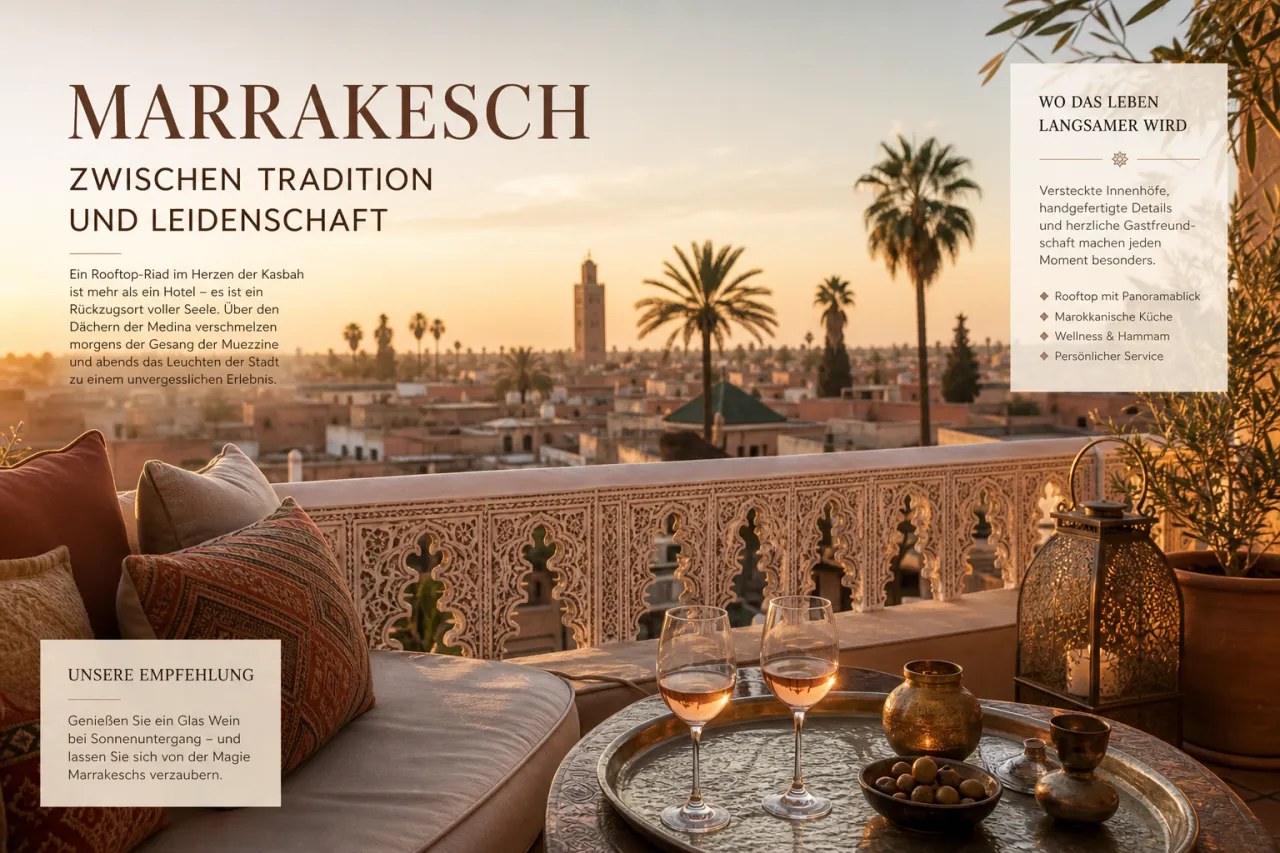 Dachterrasse des La Sultana Marrakech mit Blick über die Dächer der Medina bei Abenddämmerung