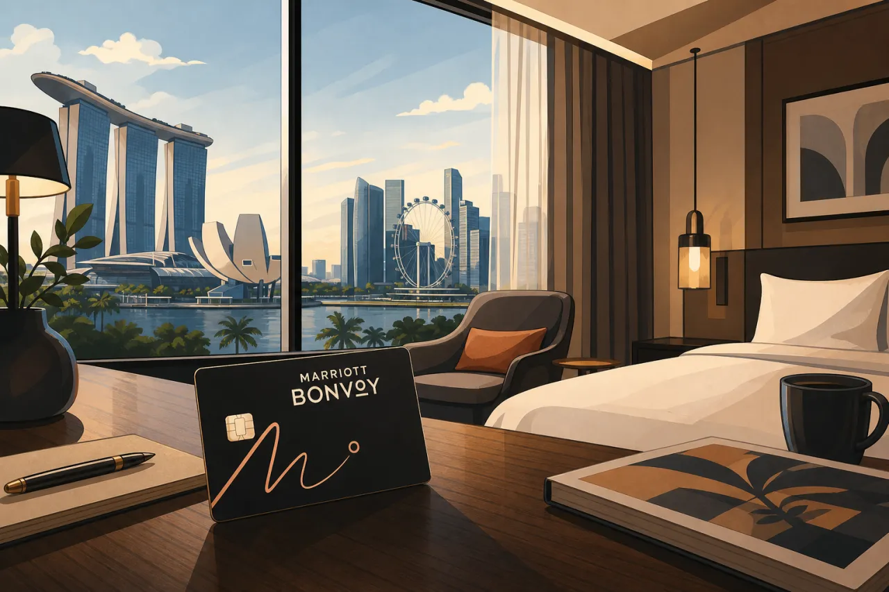 Marriott Bonvoy Loyalty-Karte vor Stadtkulisse Singapur, Hochhäuser im Hintergrund