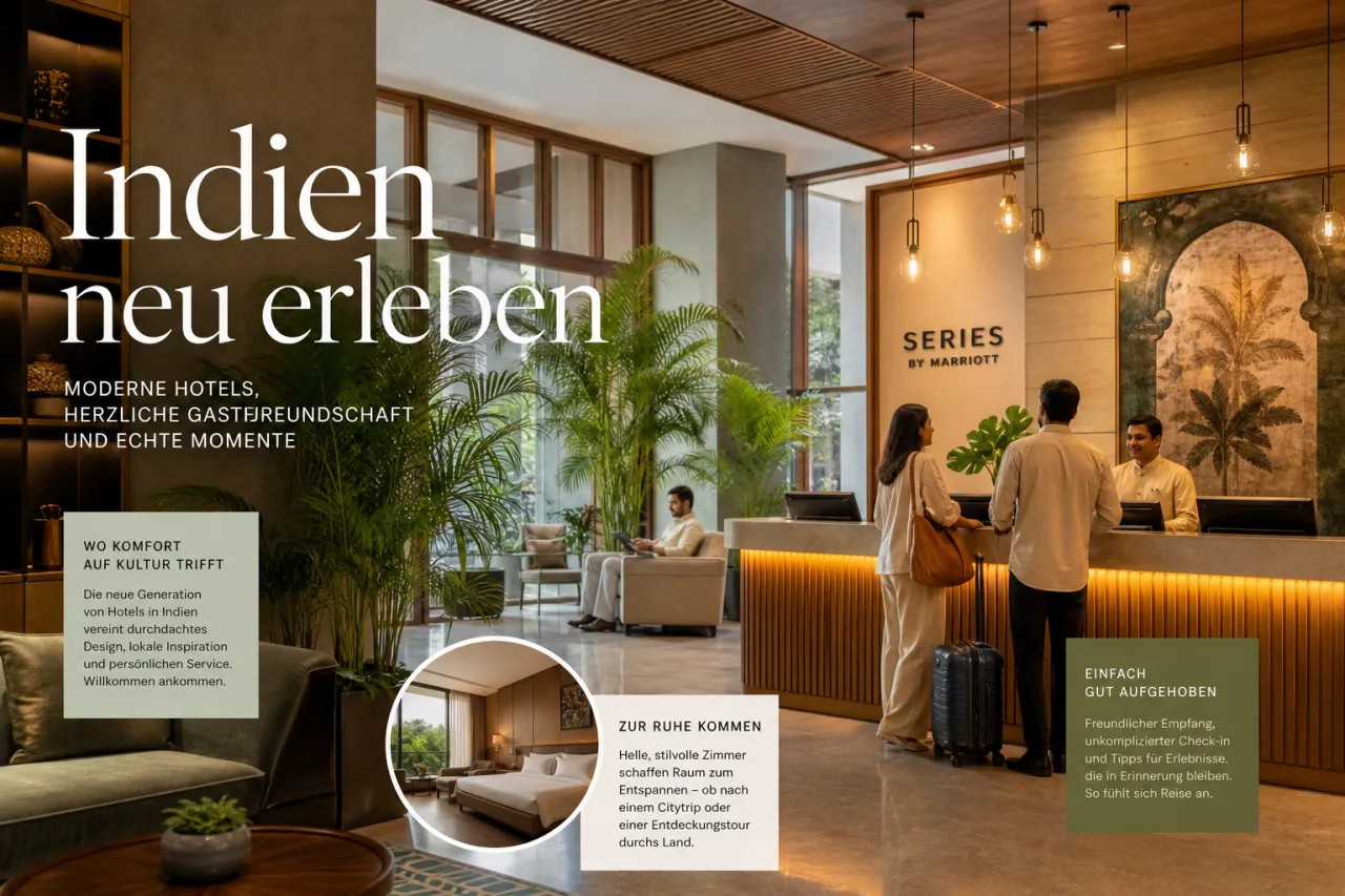 Hotellobby eines Fern Hotels in Indien mit modernem Design und tropischen Pflanzen