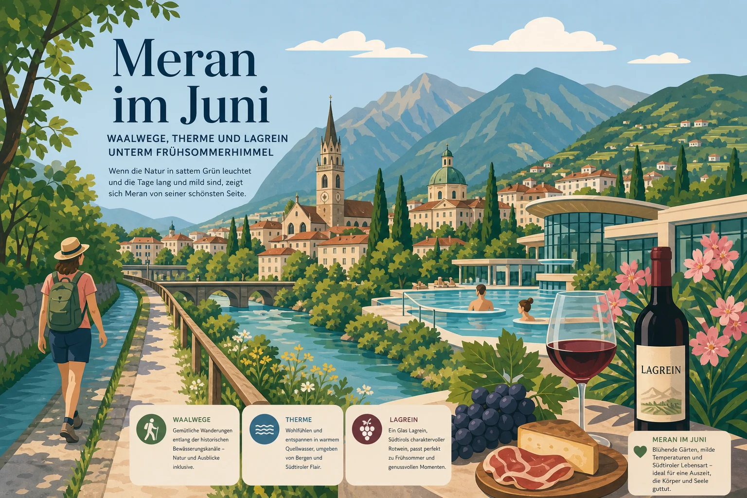 Meran im Juni: Waalwege, Therme und Lagrein unterm Frühsommerhimmel