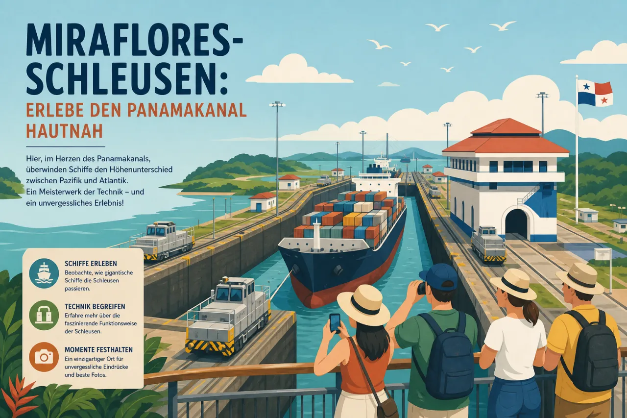 Illustration: Besucher mit Strohhüten fotografieren Frachtschiffe in den Miraflores-Schleusen des Panamakanals mit Gebäuden und Flagge Panamas im Hintergrund