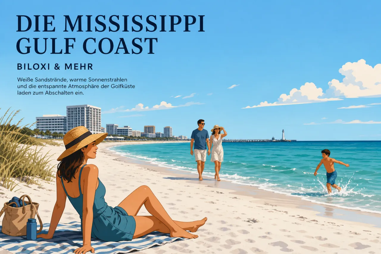 Weißer Sandstrand am Mississippi Gulf Coast bei Biloxi mit ruhigem türkisfarbenem Wasser im Sonnenlicht
