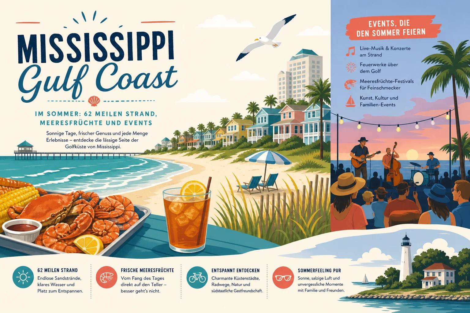 Mississippi Gulf Coast im Sommer: 62 Meilen Strand, Meeresfrüchte und Events