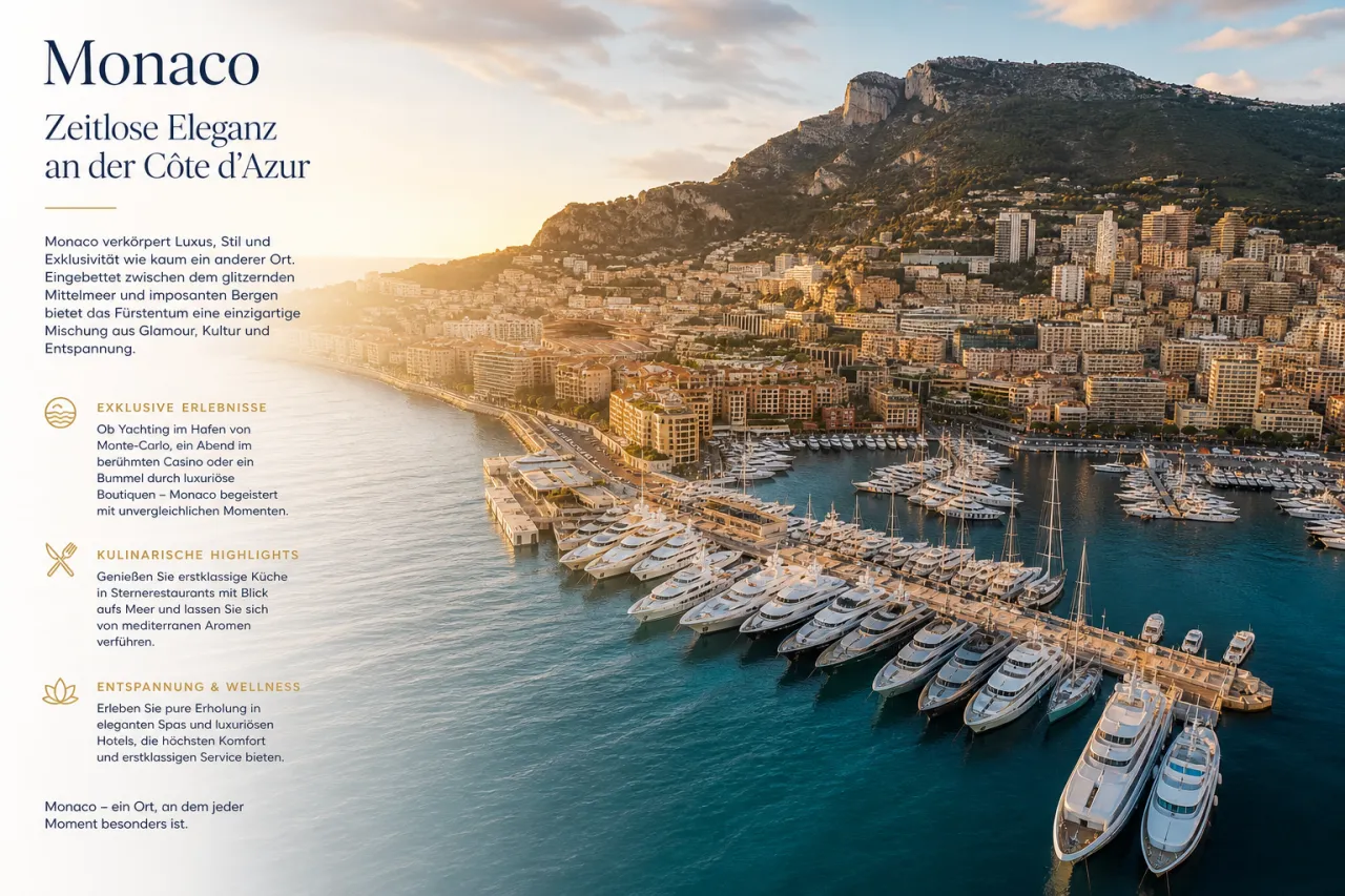 Hafen von Monaco mit Luxusyachten und Stadtsilhouette im Abendlicht